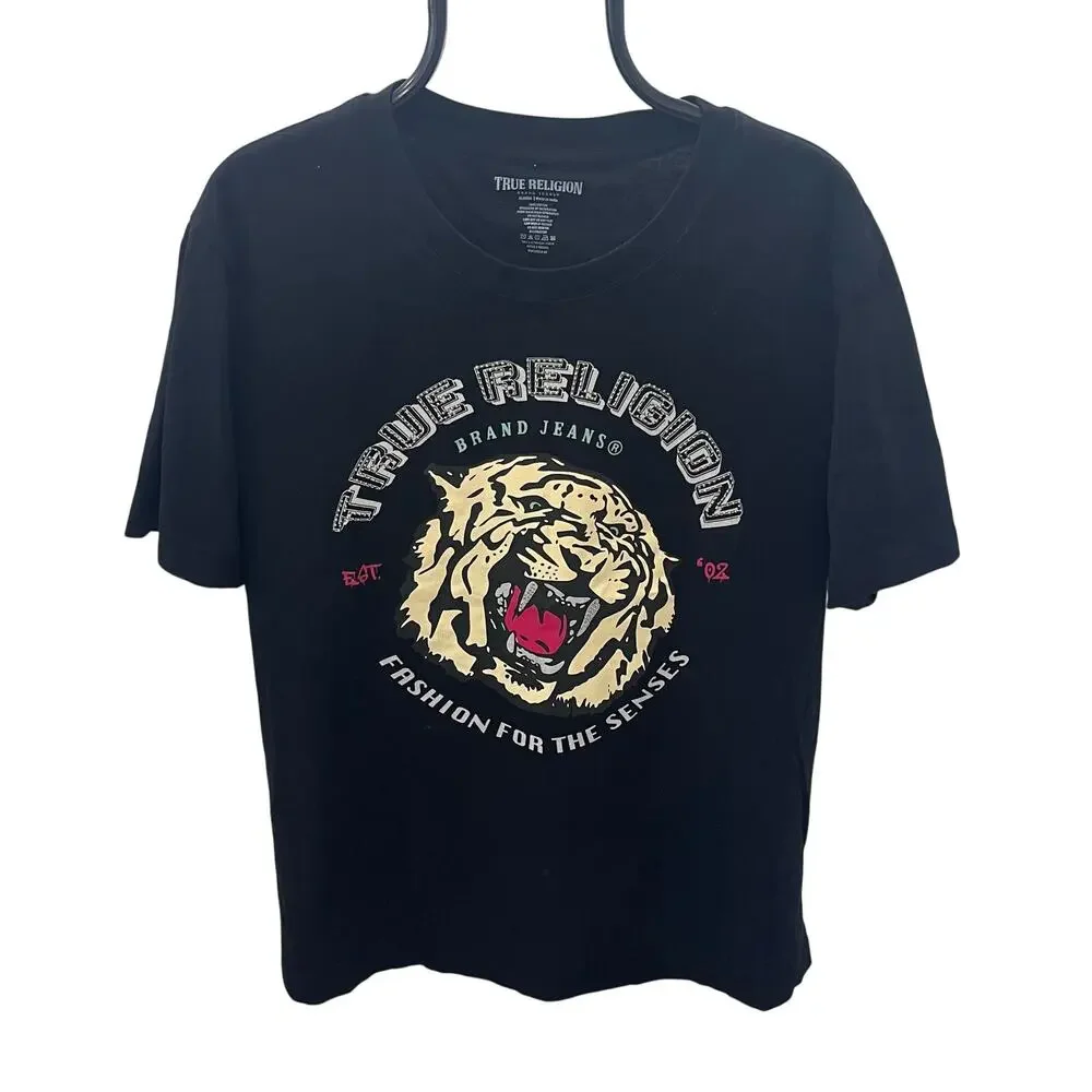 True Religion Men’s XL Tiger Face Graphic Tee Jet Black Short Sleeve T-Shirt